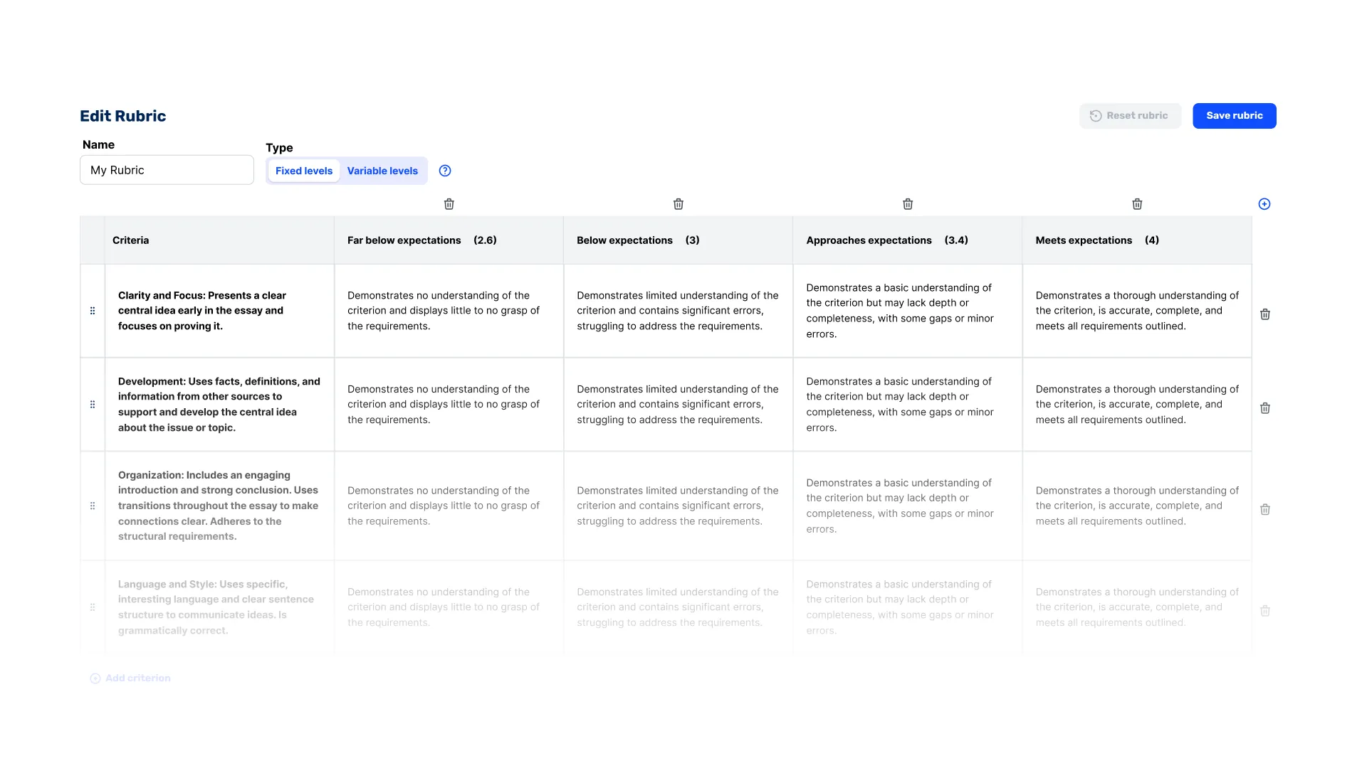 AI grading based on rubric