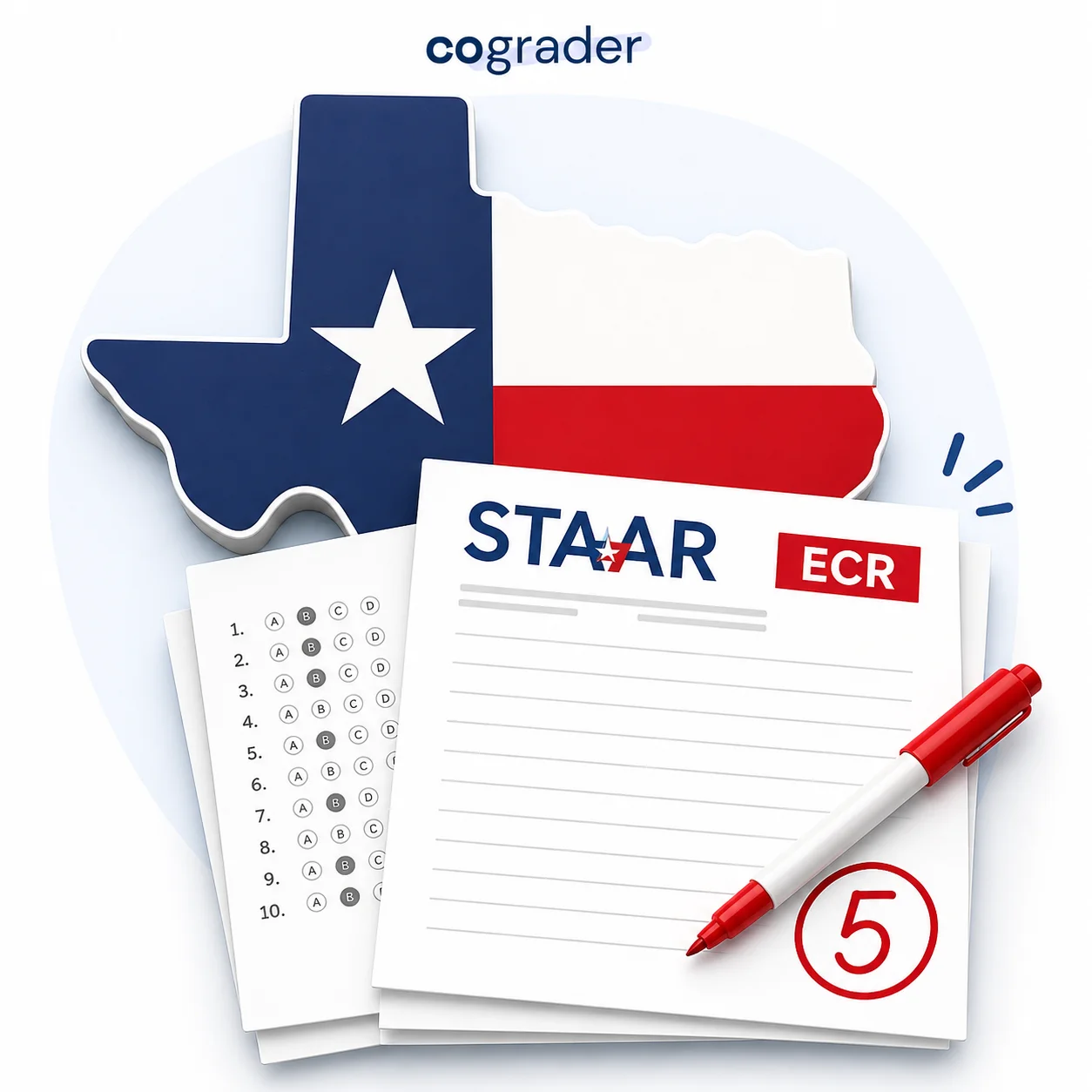STAAR ECR Grader illustration with Texas state shape, ECR rubric paper, and a scored 5